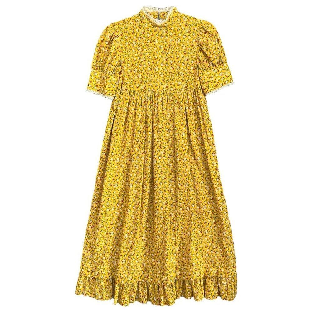 Vintage Handmade Girls Dress Size 12 Yellow Floral Cottagecore Peasant Lace OOAK